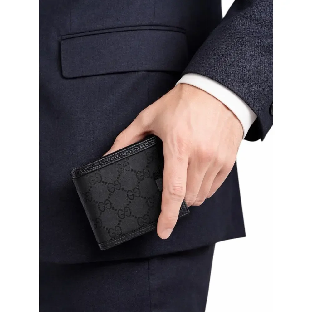 Gucci GG Monogram Canvas Bi-Fold Wallet Leather Trim Black 260987
